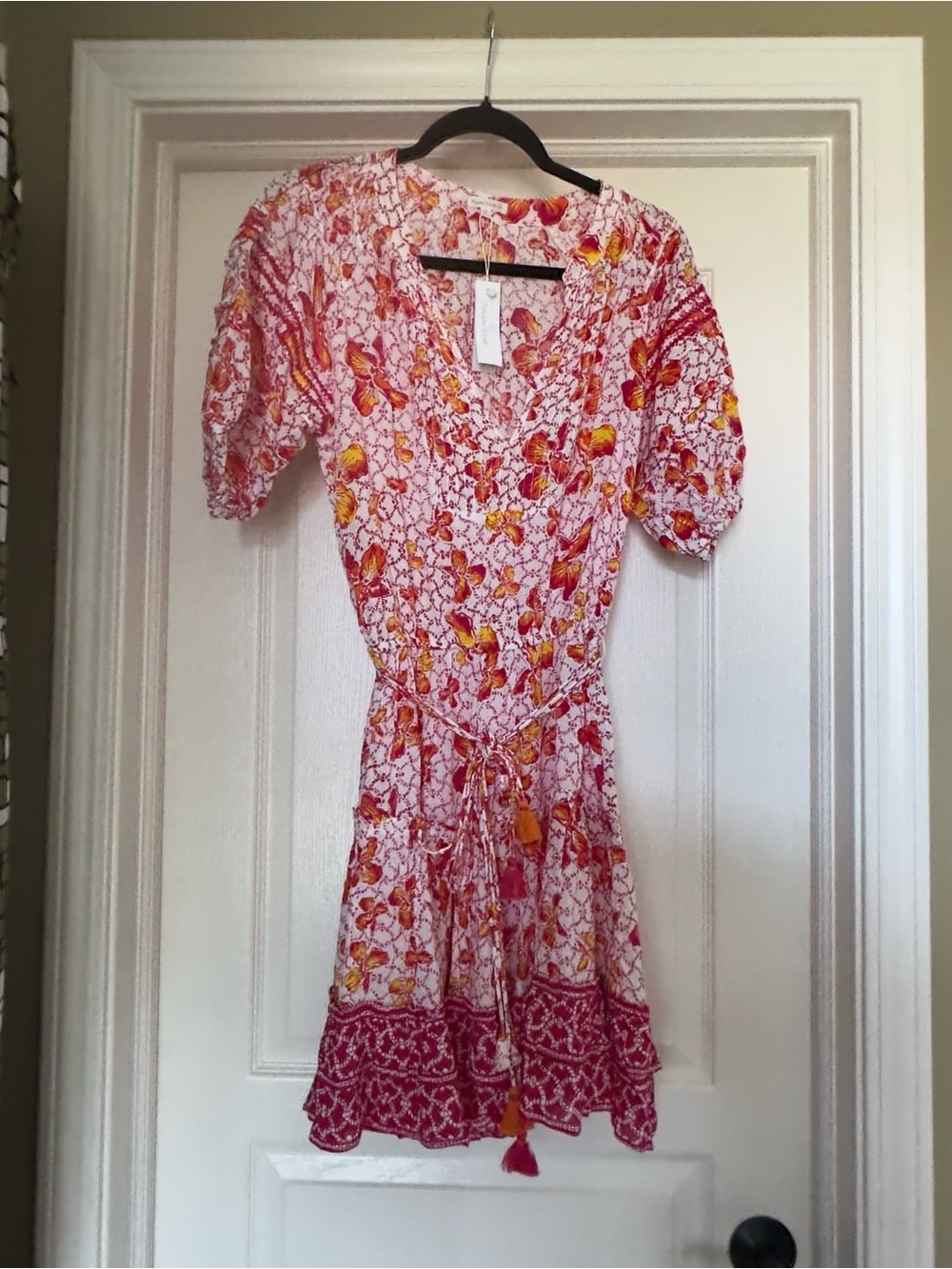 Poupette St Barth Floral Tie-Waist Short Dress in Pink and Yellow